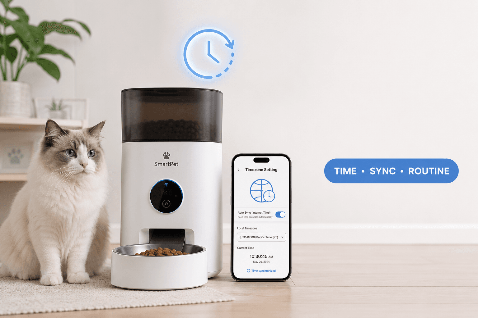 smart pet feeder timezone setting cover image with time sync routine badge