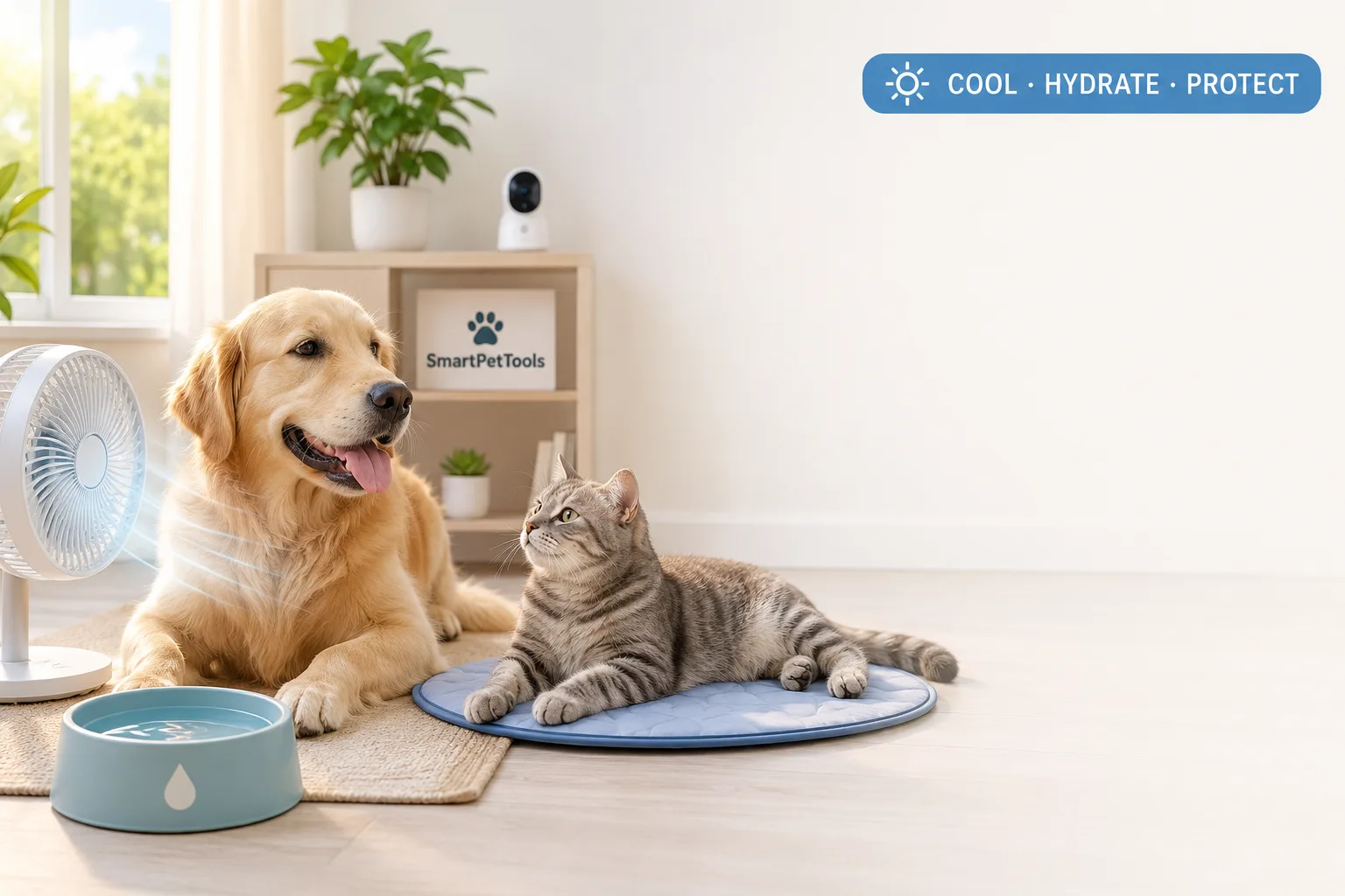 summer pet safety cover image with cool hydrate protect badge