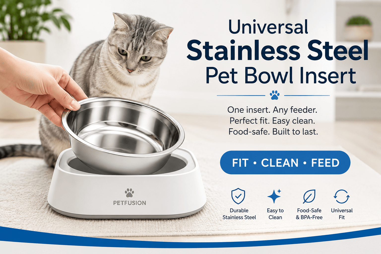 universal stainless steel pet bowl insert cover image with fit clean feed badge