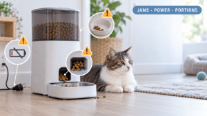 cheap smart pet feeder risks cover image showing a low-cost automatic feeder with warning symbols for jams, power loss, and incorrect portions