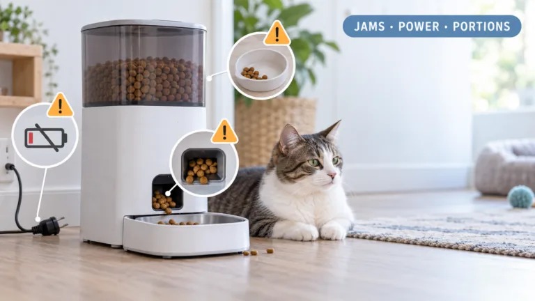cheap smart pet feeder risks cover image showing a low-cost automatic feeder with warning symbols for jams, power loss, and incorrect portions