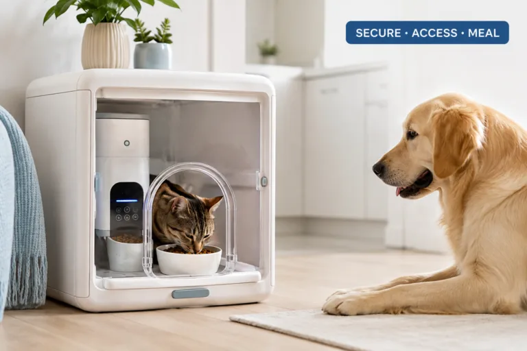 dog proof automatic pet feeder cover image showing a secure feeder protecting a cat’s meal from a curious dog