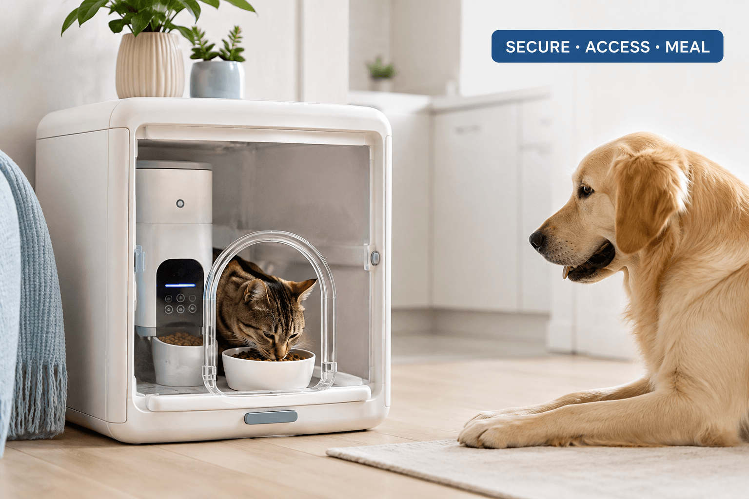 dog proof automatic pet feeder cover image showing a secure feeder protecting a cat’s meal from a curious dog