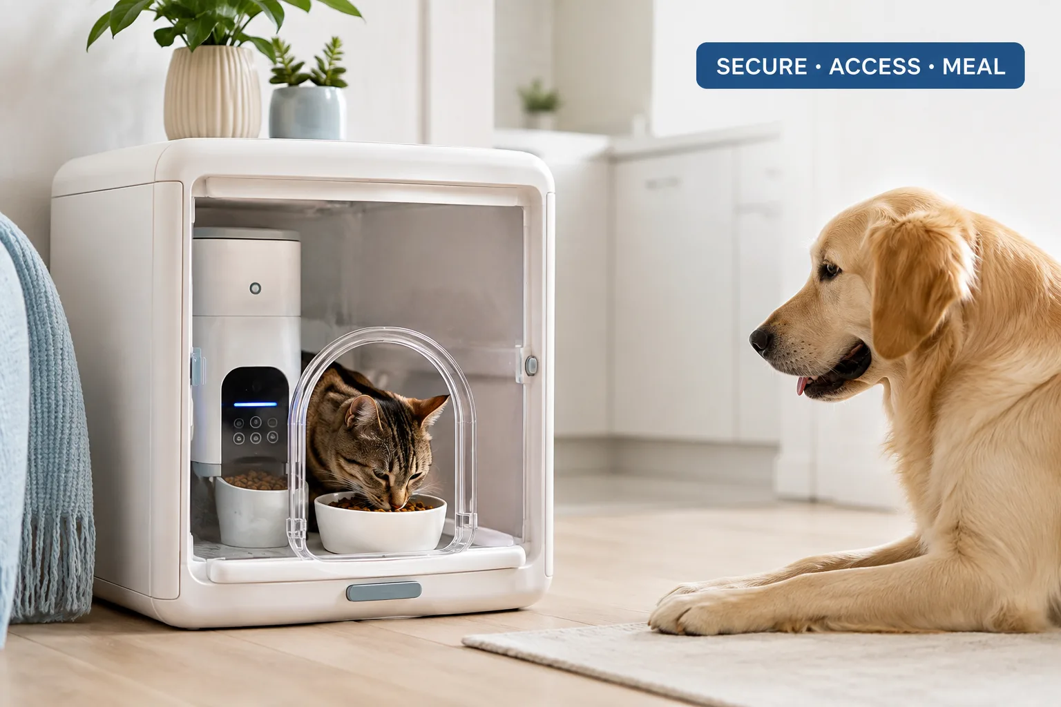 dog proof automatic pet feeder cover image showing a secure feeder protecting a cat’s meal from a curious dog