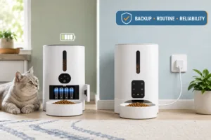 battery operated vs plug in pet feeder cover image with backup routine reliability badge