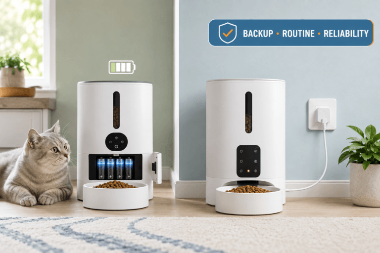 battery operated vs plug in pet feeder cover image with backup routine reliability badge