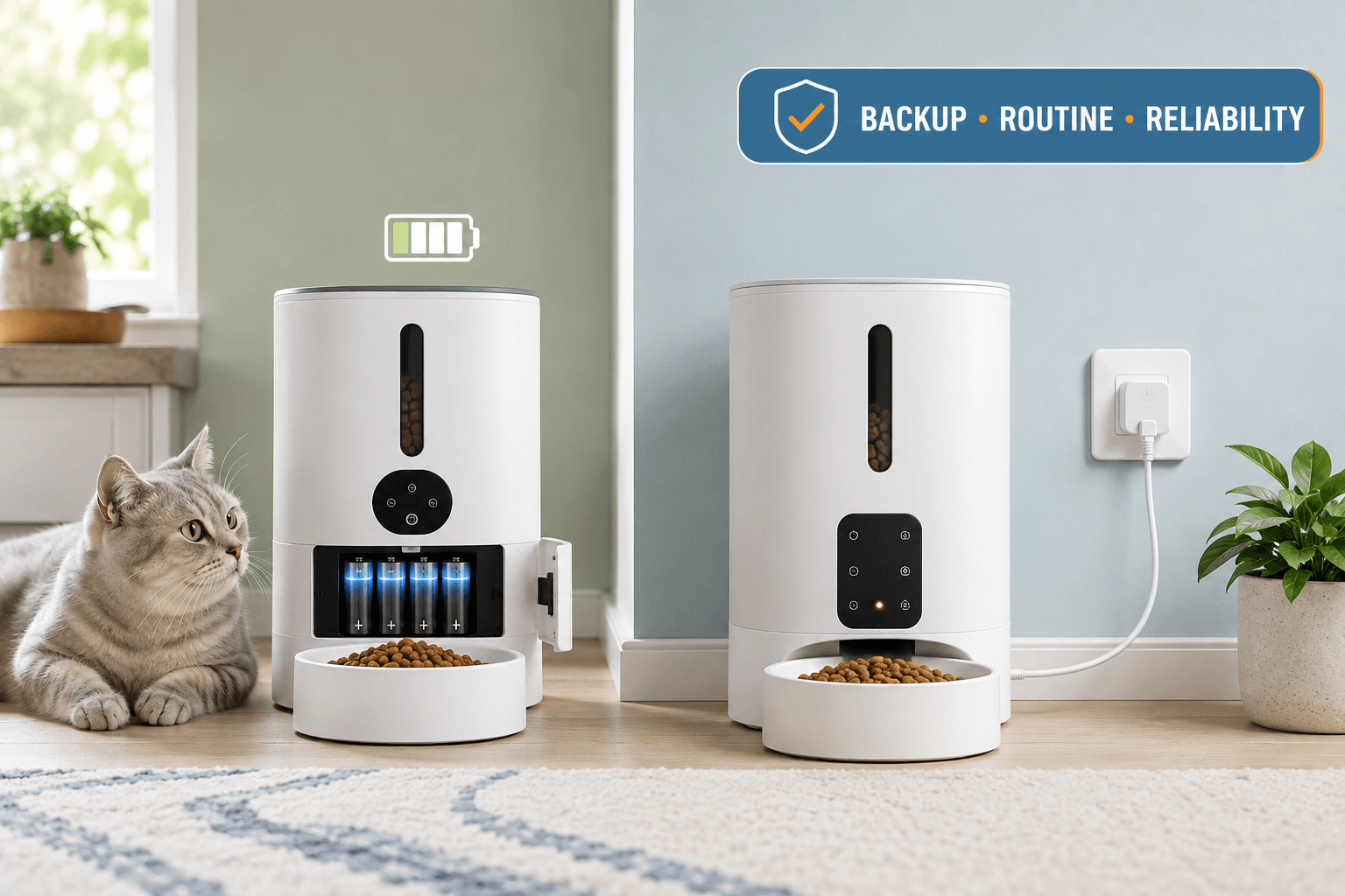 battery operated vs plug in pet feeder cover image with backup routine reliability badge