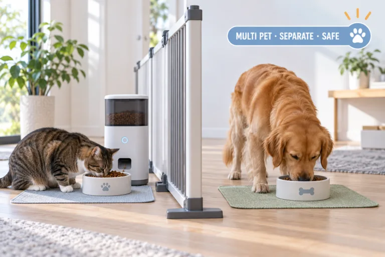 feeder for food aggressive pets cover image showing two pets eating separately behind a safe barrier
