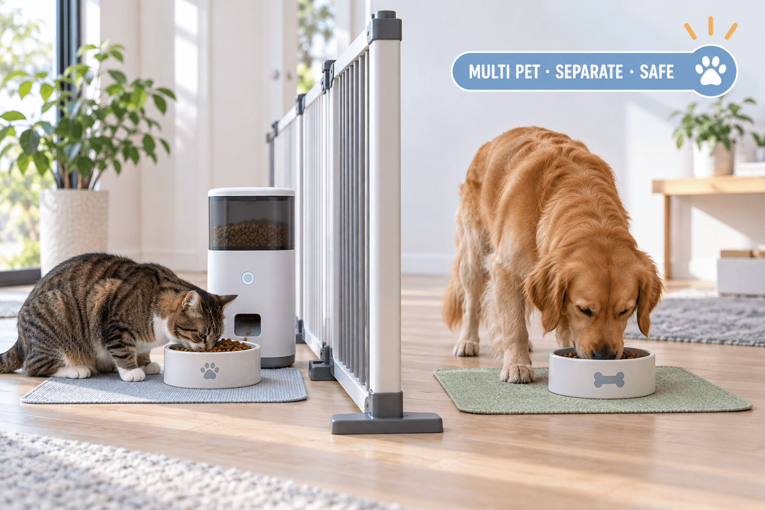 feeder for food aggressive pets cover image showing two pets eating separately behind a safe barrier