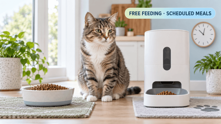 Free feeding bowl beside an automatic feeder with measured meal portions
