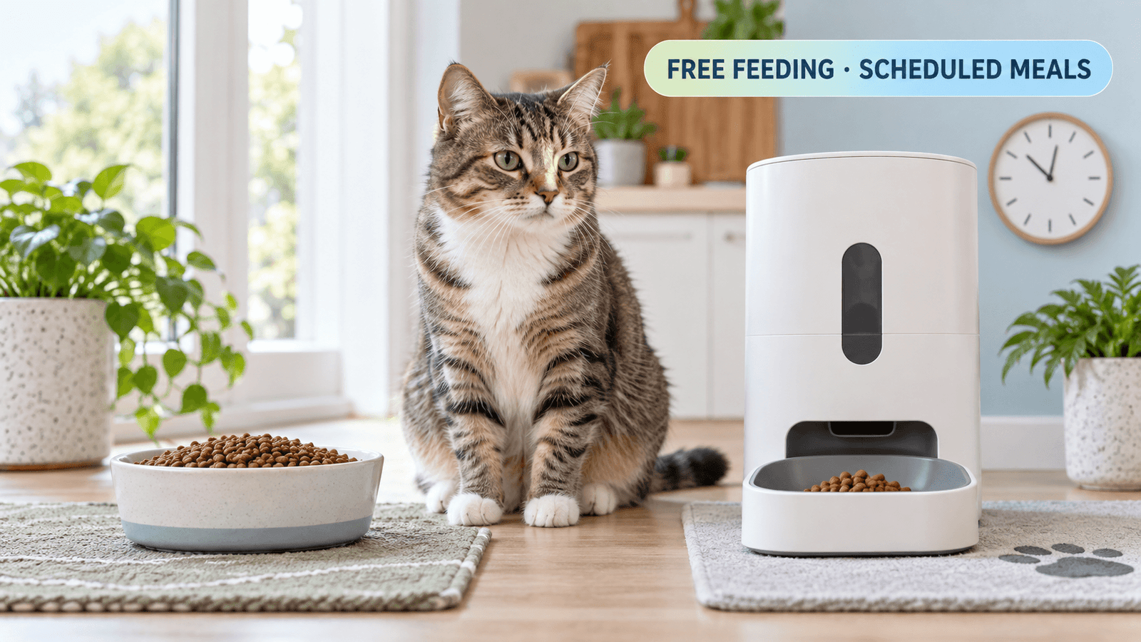 Free feeding bowl beside an automatic feeder with measured meal portions
