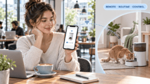 remote pet feeding solutions cover image showing a pet owner monitoring an automatic feeder through a smartphone while away from home