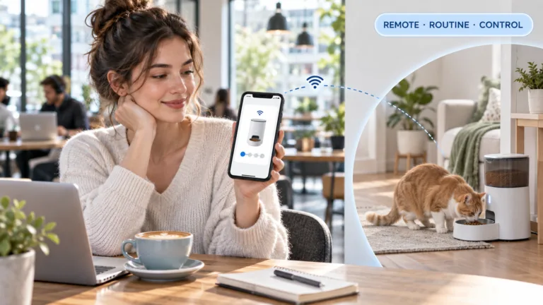remote pet feeding solutions cover image showing a pet owner monitoring an automatic feeder through a smartphone while away from home