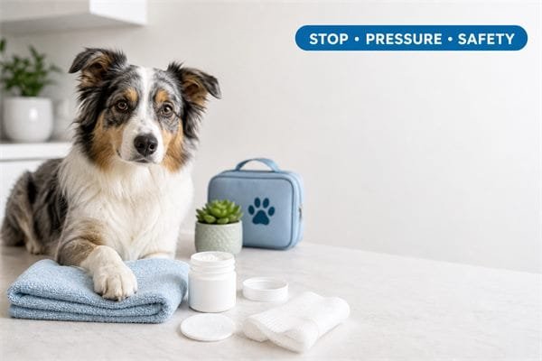 Calm dog beside styptic powder, gauze, and a pet first-aid setup.