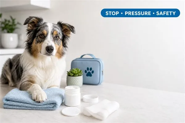 Calm dog beside styptic powder, gauze, and a pet first-aid setup.