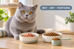 british shorthair cat feeding cover image showing a round-faced cat beside measured wet food and dry kibble portions