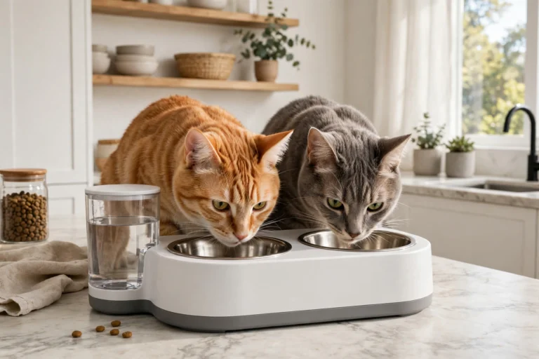 Two cats eating side by side from the two bowls of a dual-bowl automatic feeder in a bright kitchen, illustrating a feeder set up for two cats