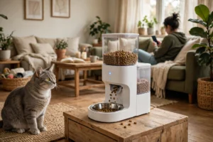 Cat watching an automatic feeder dispense a meal while its owner schedules feeding times in a phone app from the sofa, illustrating app control of a smart pet feeder