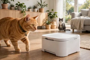 Cat wearing a collar tag approaching a closed selective feeder bowl while a second cat watches, illustrating how microchip and RFID feeders recognise one cat