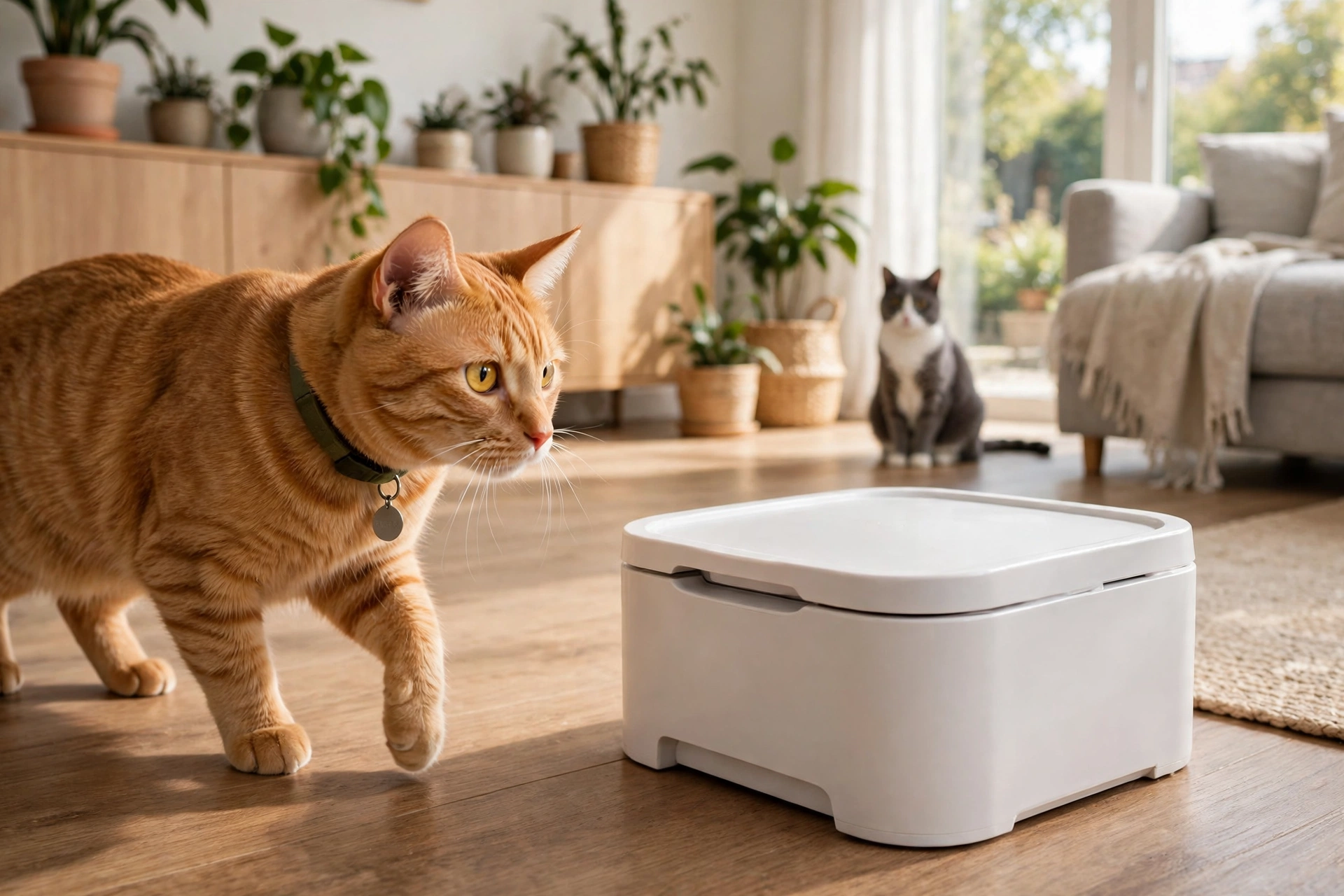 microchip cat feeder concept — a cat with a collar tag approaching a closed selective feeder bowl while a second cat watches