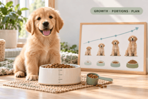 golden retriever puppy feeding chart cover image showing a growing puppy beside a measured food bowl and growth chart