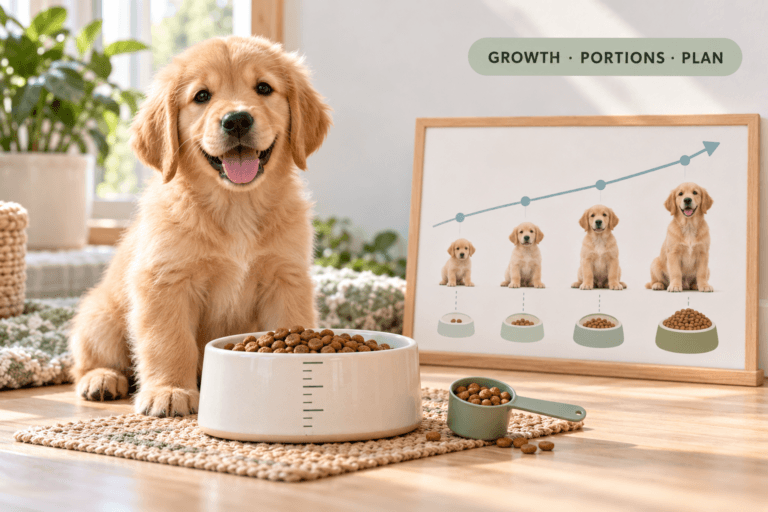 golden retriever puppy feeding chart cover image showing a growing puppy beside a measured food bowl and growth chart