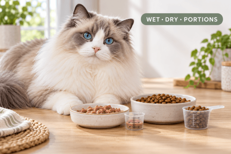 feeding guide for Ragdoll cats cover image showing a large long-haired cat beside measured wet and dry food portions